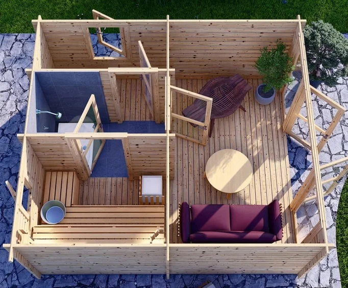 Sauna Cabin 4m x 4m, 16 m², cutaway view from above showing the layout