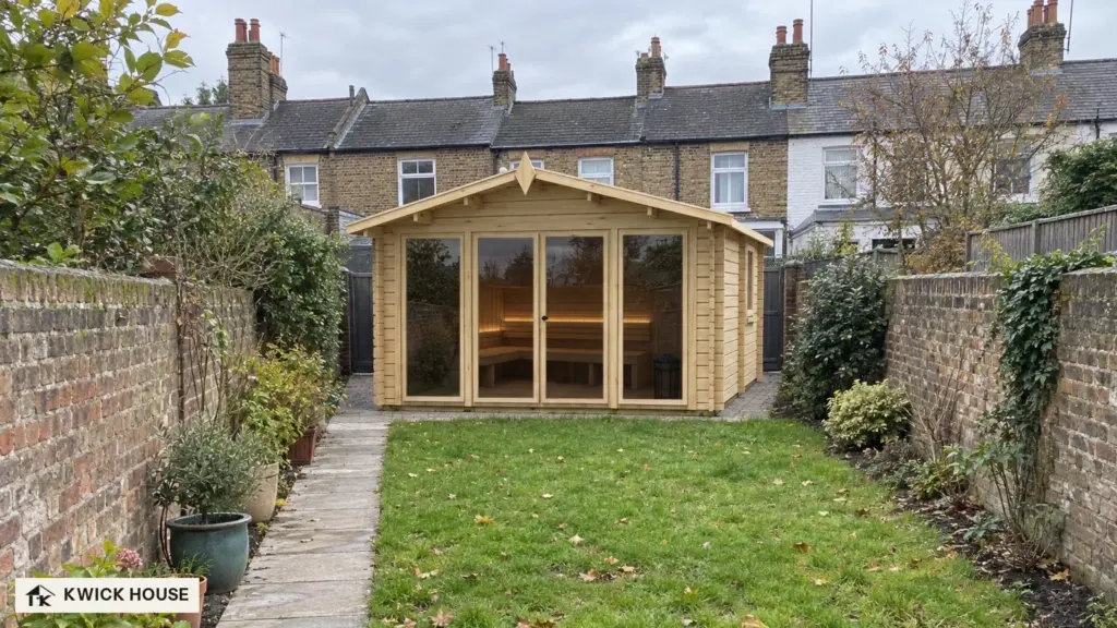 Sauna Cabin 4m x 4m, 16 m², at the far end of a narrow walled garden, with terraced houses beyond