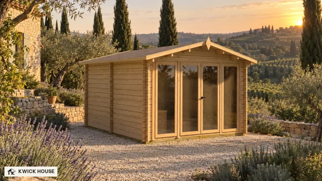 Sauna Cabin 4m x 4m, 16 m², on a gravel terrace at sunset, with lavender, olive trees and cypresses