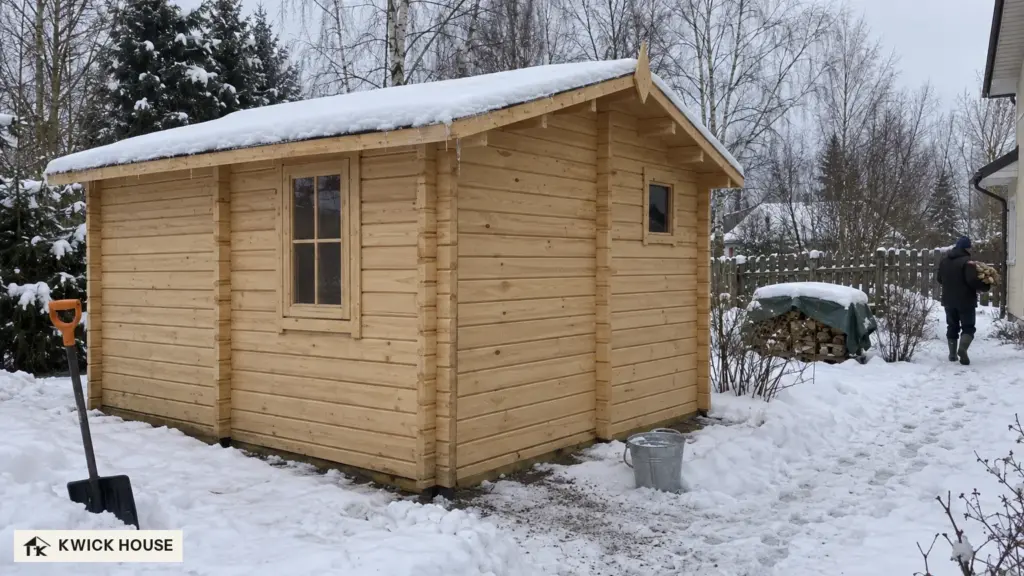 Sauna Cabin 4m x 4m, 16 m², seen from the back corner in packed snow, with birches and spruces behind