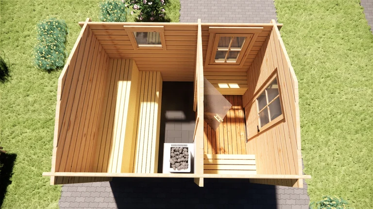 Sauna Cabin 3.2m x 2.5m, 8 m², cutaway view from above showing the layout