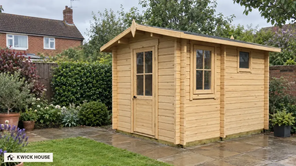 Sauna Cabin 3.2m x 2.5m, 8 m², on wet stone paving by a clipped hedge, with a lawn in front