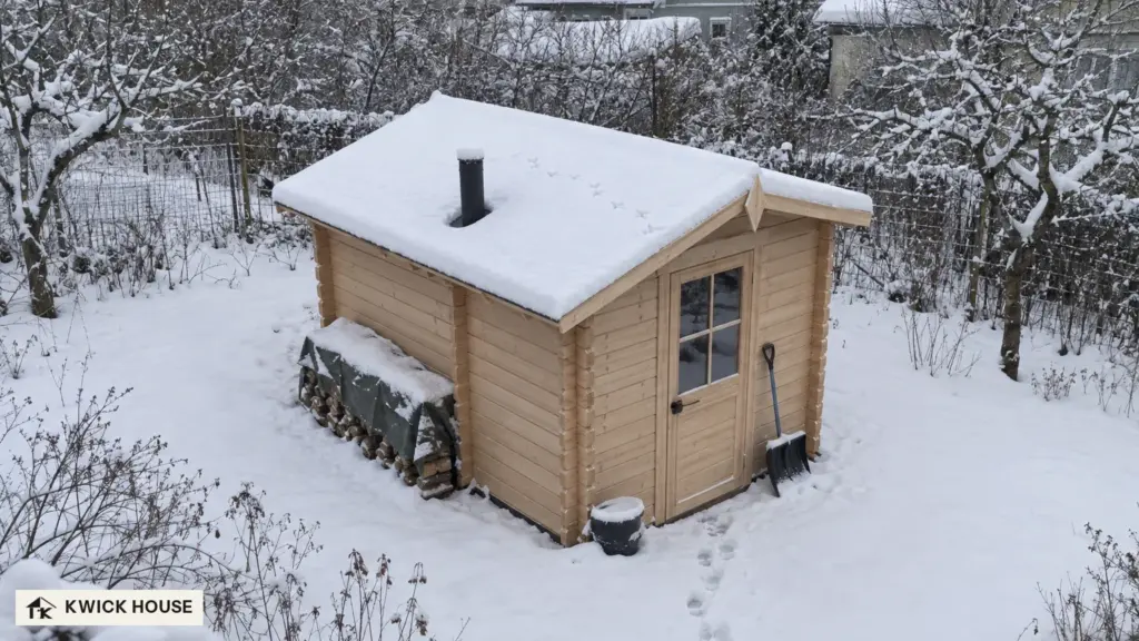 Sauna Cabin 3.2m x 2.5m, 8 m², seen from above in a snowy garden, with a flue pipe through the roof