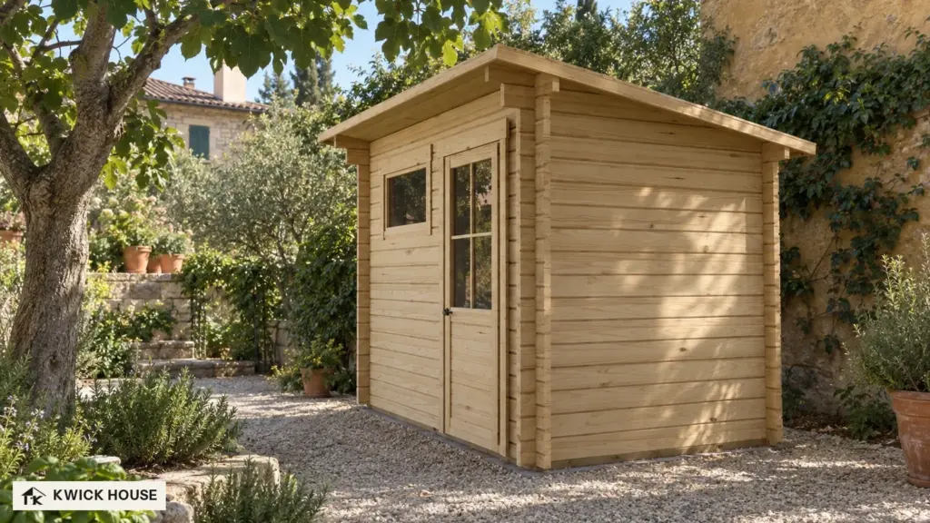 Summer House 3m x 2m, 5 m², on pale gravel between a tree and an ochre wall with ivy