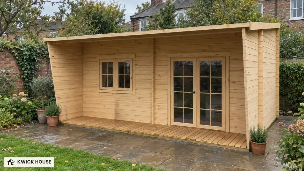 Summer House 6m x 3m with Canopy, 17 m², on a stone patio by an ivy-covered brick wall