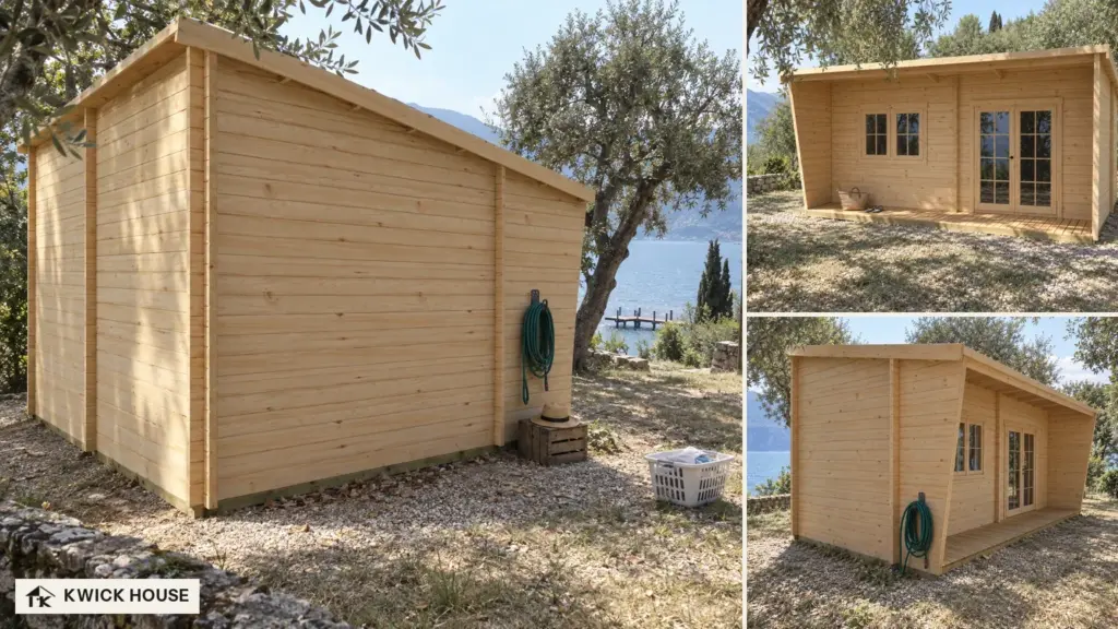 Summer House 6m x 3m with Canopy, 17 m², from the back above a lake; small views of the canopy front and the side