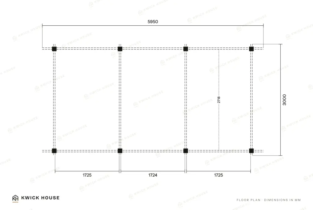 Wooden Carport 18 m², Apex Roof, floor plan with dimensions in millimetres