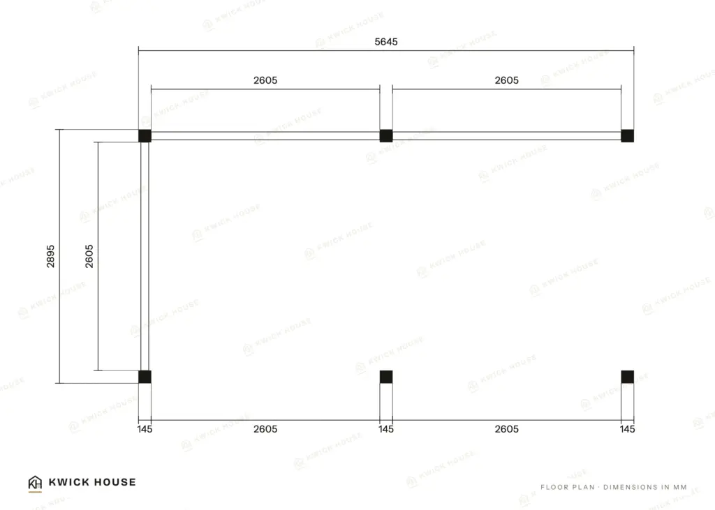 Wooden Carport 19 m², Flat Roof, floor plan with dimensions in millimetres