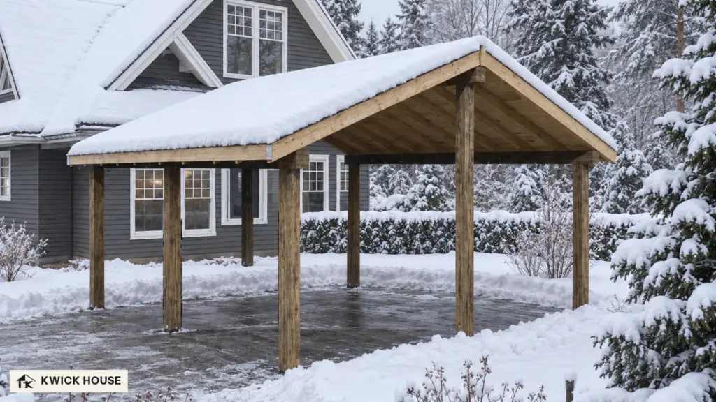Wooden Carport 36 m², Apex Roof, under snow, with a grey clapboard house behind and spruces around