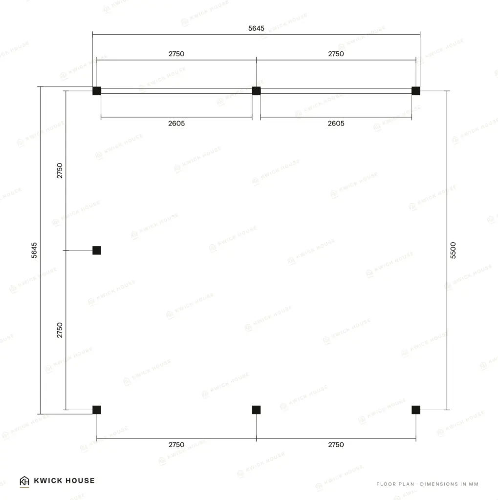Wooden Carport 36 m², Flat Roof, floor plan with dimensions in millimetres