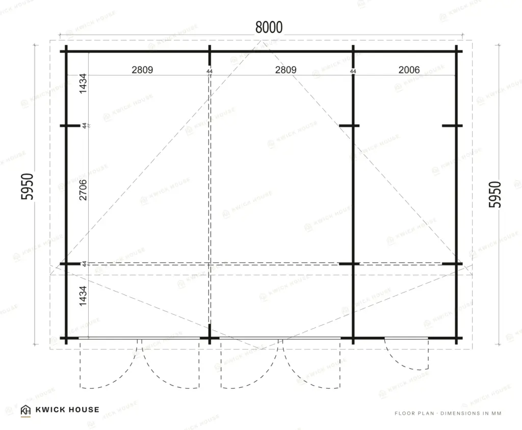 Wooden Garage 8m x 6m, 44 m², floor plan with dimensions in millimetres