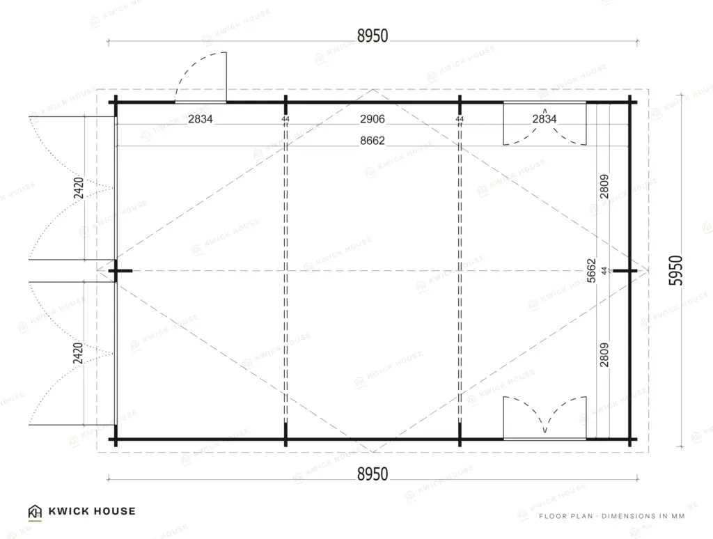 Wooden Garage 9m x 6m, 49 m², floor plan with dimensions in millimetres