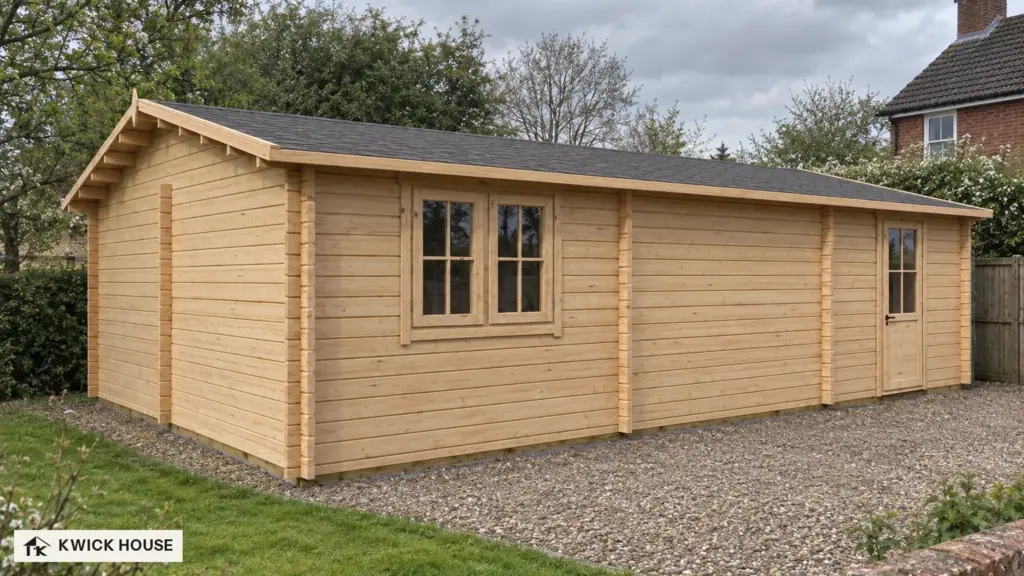 Wooden Garage 9m x 6m, 49 m², seen from the side on a gravel drive by a lawn, a red-brick house beyond