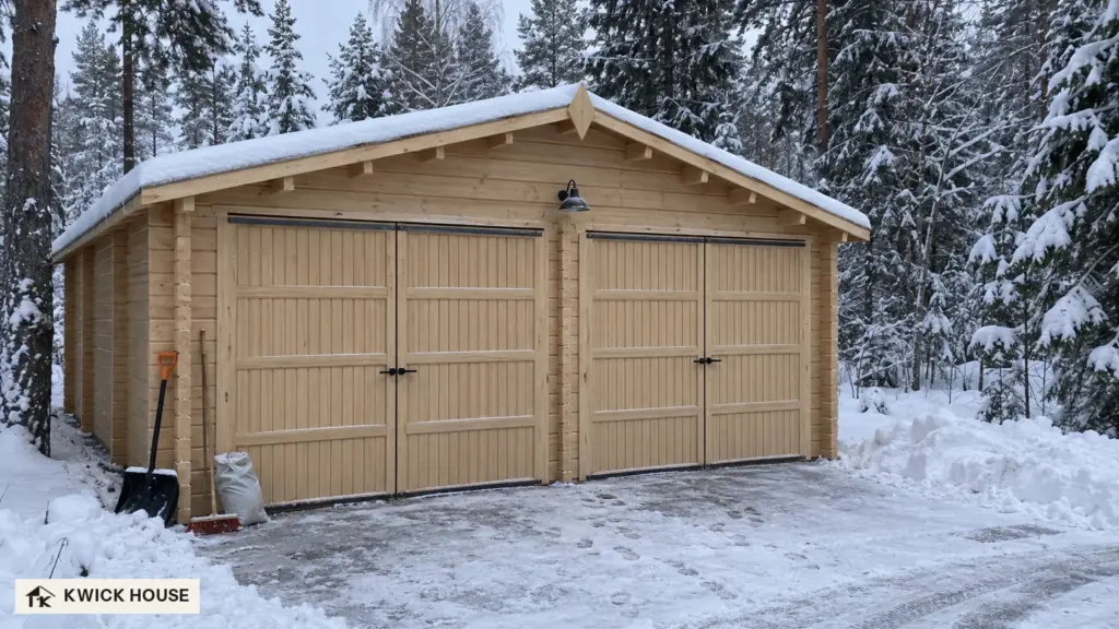 Wooden Garage 9m x 6m, 49 m², with both pairs of doors shut, on a drive cleared of snow among snowy spruces and pines