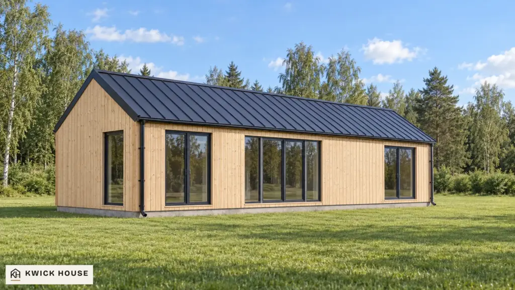 Log Cabin 11.8m x 4m with Cladding, 44 m², visualisation of the long side with three glazed double doors