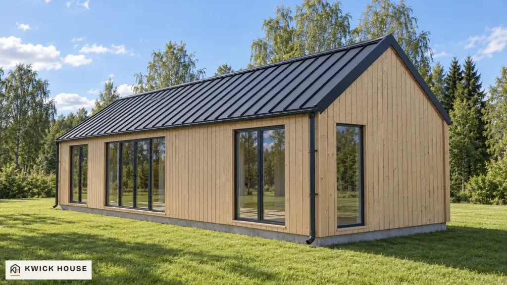 Log Cabin 11.8m x 4m with Cladding, 44 m², visualisation from a corner: a gable end and the long side with the doors