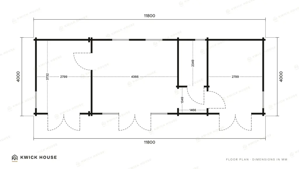 Log Cabin 11.8m x 4m with Cladding, 44 m², floor plan with dimensions in millimetres